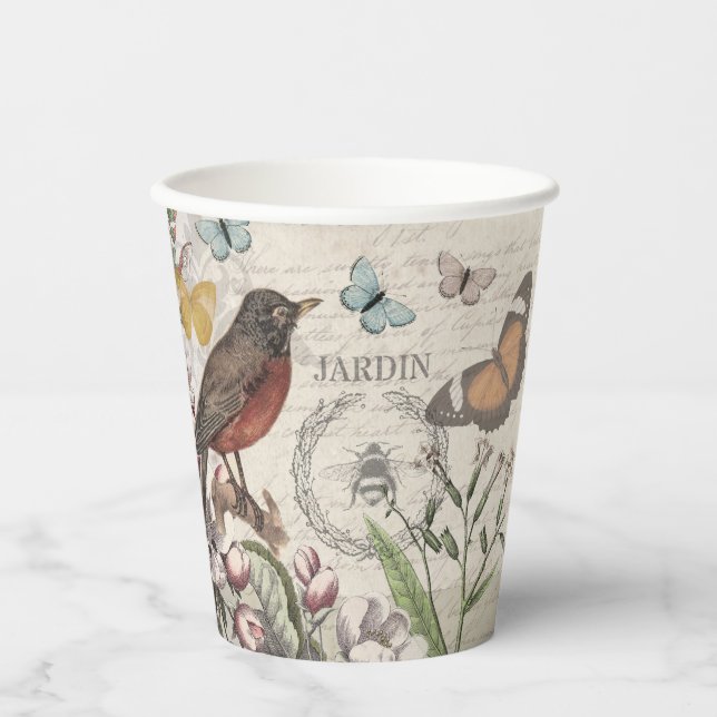 Robin Elegant Bird Butterfly French Art Paper Cups (Front)