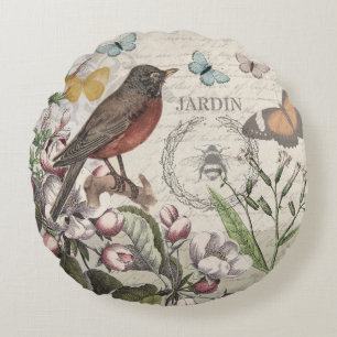 Robin Elegant Bird Butterfly French Art Round Cushion