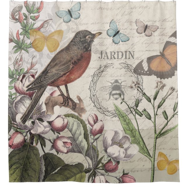 Robin Elegant Bird Butterfly French Art Shower Curtain (Front)