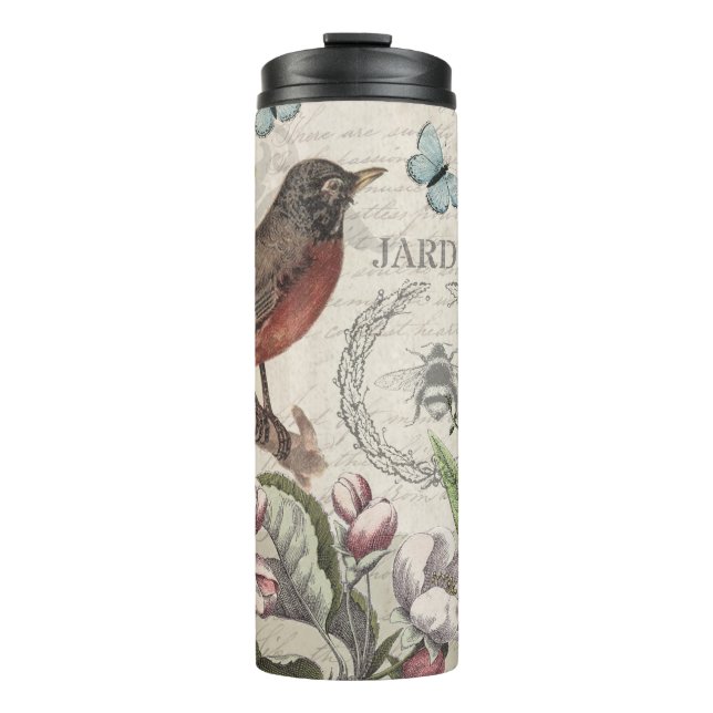 Robin Elegant Bird Butterfly French Art Thermal Tumbler (Front)