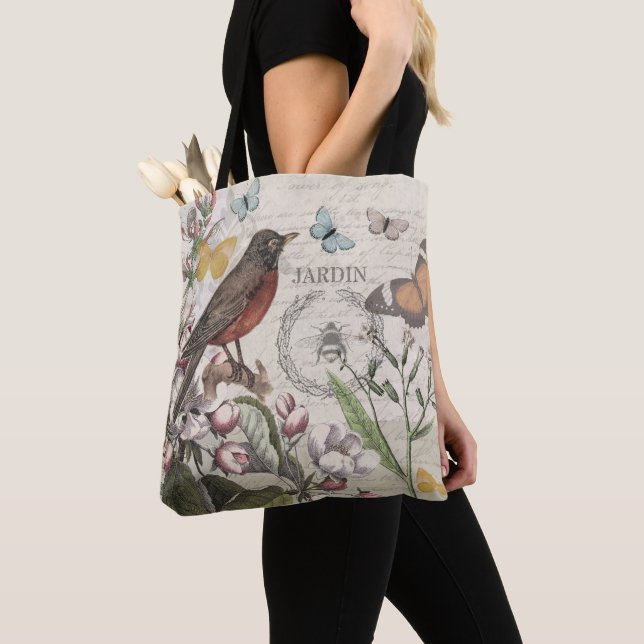 Robin Elegant Bird Butterfly French Art Tote Bag (Close Up)