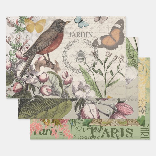 Robin Elegant Bird Butterfly French Art Wrapping Paper Sheet (Set)