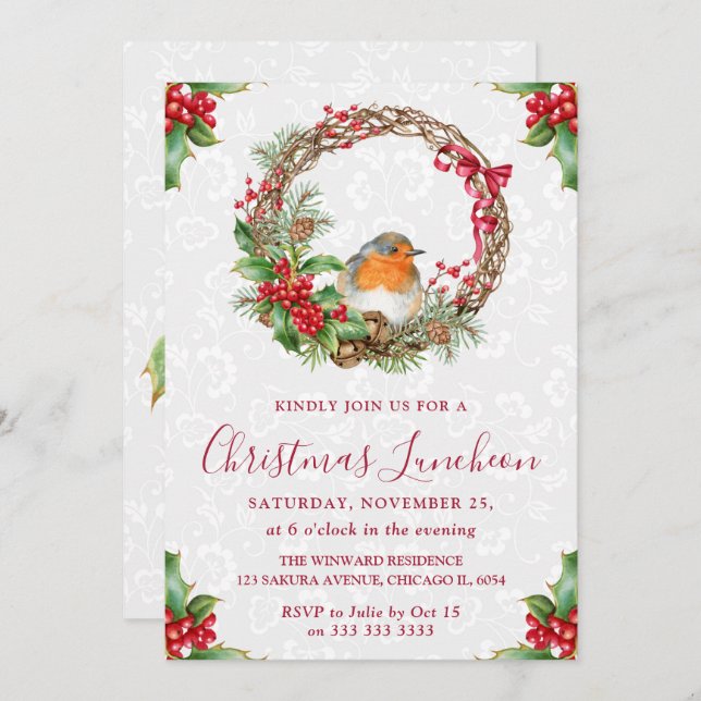 Robin & Holly Berry Wreath Christmas Luncheon Invitation (Front/Back)