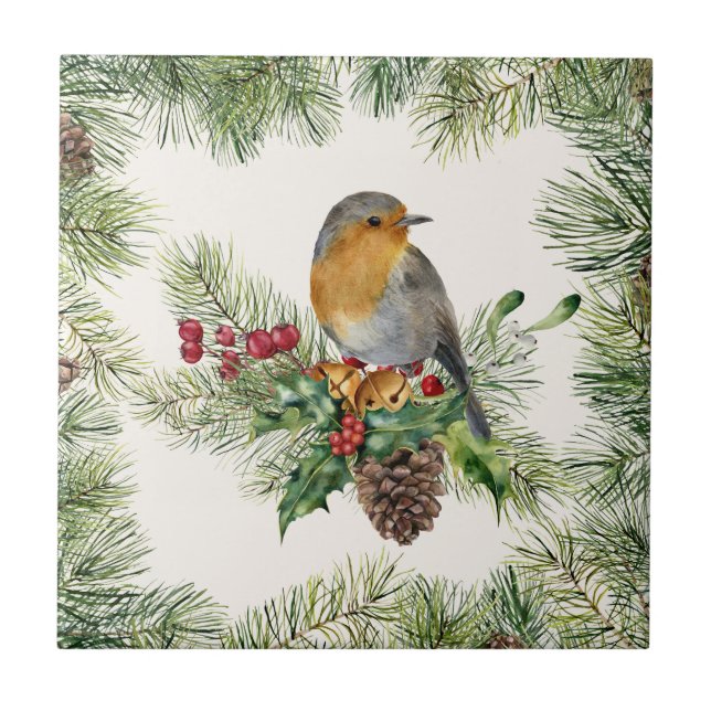 Robin, holly, pine Christmas Ceramic Tile (Front)