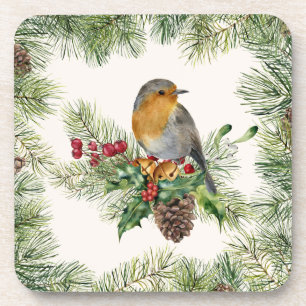 Robin, holly, pine Christmas Coaster