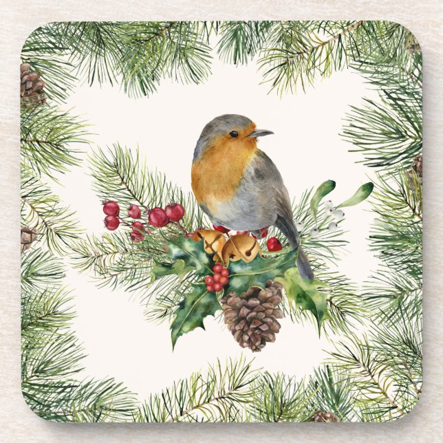 Robin, holly, pine Christmas Coaster (Front)