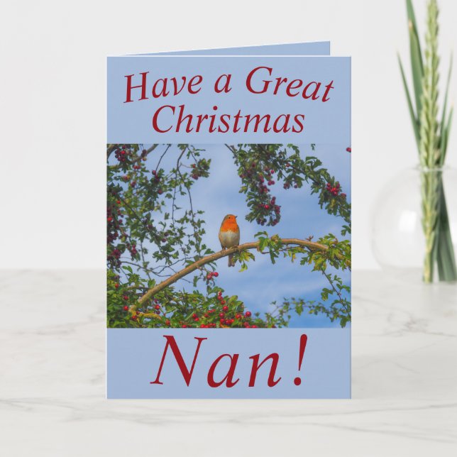 Robin in a Hawthorn Tree Christmas Card for Nan (Front)