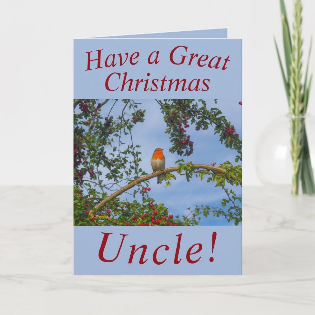 Robin in a Hawthorn Tree Christmas Card for Uncle (Front)