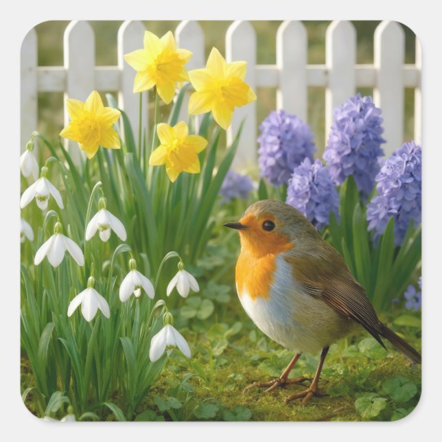 Robin in a Springtime Garden Square Sticker (Front)