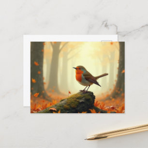 Robin in Autumn/Fall Forest, Leaves Falling Postcard