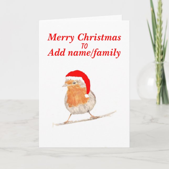 Robin in red hat Christmas Card add names front (Front)