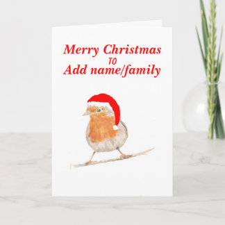 Robin in red hat Christmas Card add names front