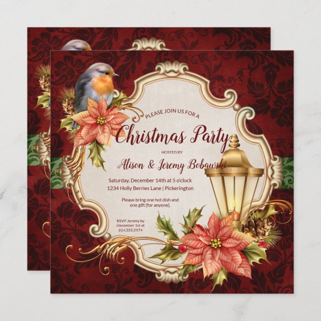 Robin & Lantern Christmas Party Invitation (Front/Back)