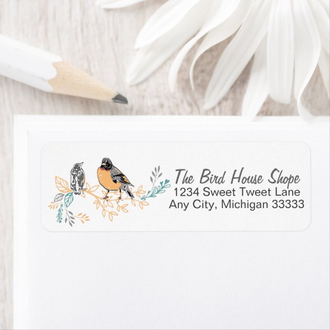 Robin Mother Baby Birds Art Return Address Label (Insitu)