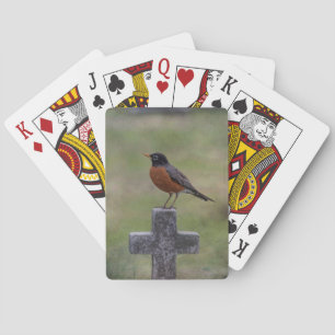 Robin on a cross playing cards