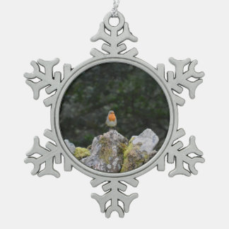 Robin on a dry stone wall snowflake pewter christmas ornament
