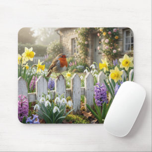 Robin On a Spring Garden Picket Fence Mouse Pad