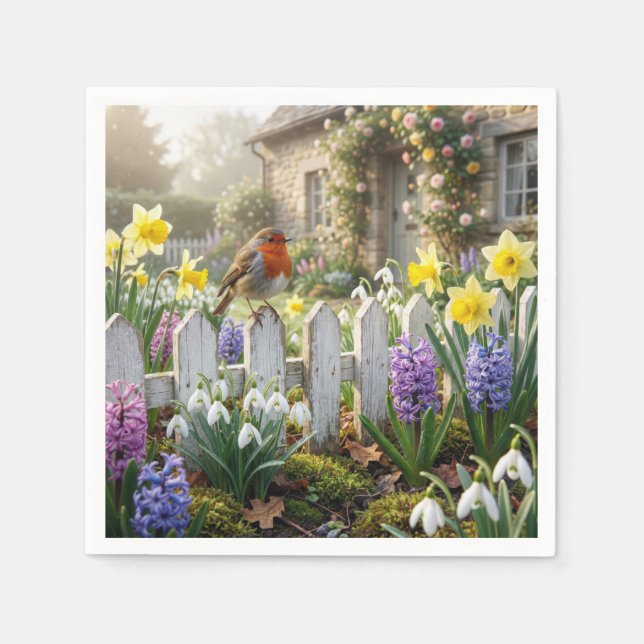 Robin On a Spring Garden Picket Fence Napkin (Front)