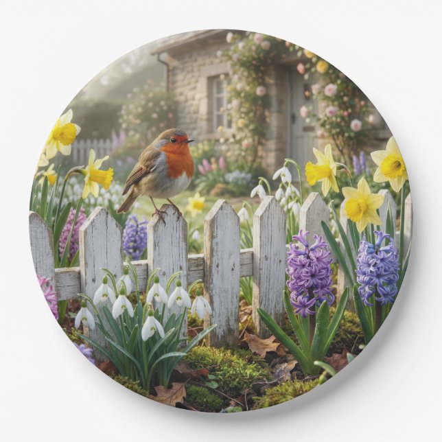 Robin On a Spring Garden Picket Fence Paper Plate (Front)