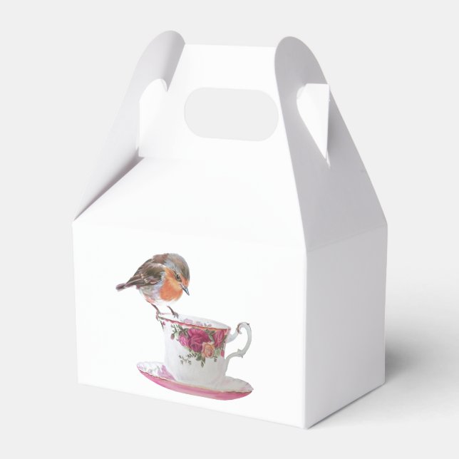 Robin on a tea cup cookie treat  favour box (Front Side)