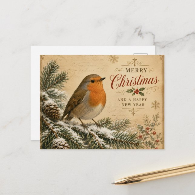 robin on a tree christmas postcard (Front/Back In Situ)