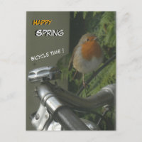 Robin on Bicycle Close Up Happy Spring Postcard