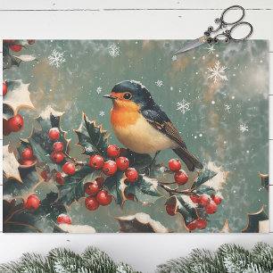 Robin on Holly Branch in Snow Decoupage Tissue Paper