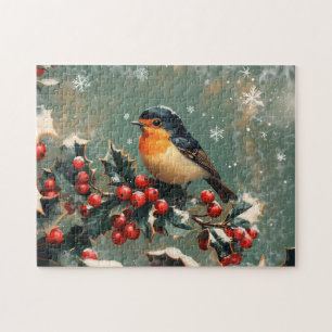 Robin on Holly Branch in Snow Jigsaw Puzzle