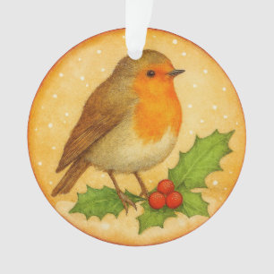 Robin on Holly Branch Ornament