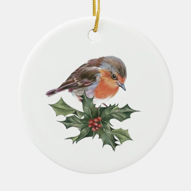 Robin on Holly  Ceramic Ornament (Front)
