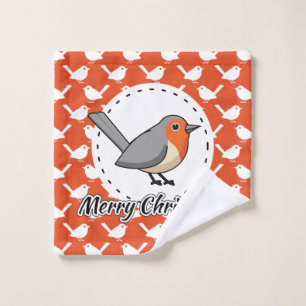 Robin on Orange White Bird Pattern - Merry Xmas Bath Towel Set
