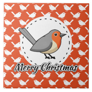 Robin on Orange White Bird Pattern - Merry Xmas Ceramic Tile