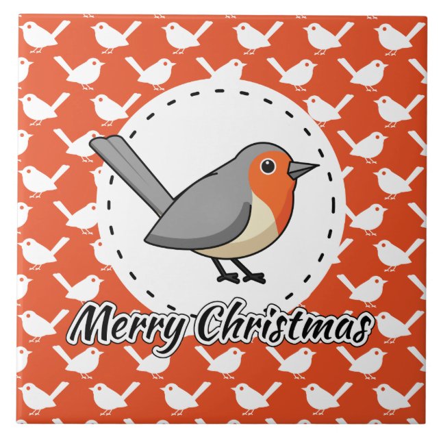 Robin on Orange White Bird Pattern - Merry Xmas Ceramic Tile (Front)