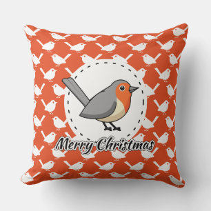 Robin on Orange White Bird Pattern - Merry Xmas Cushion