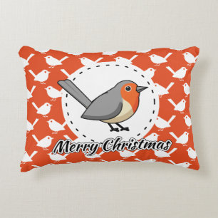 Robin on Orange White Bird Pattern - Merry Xmas Decorative Cushion