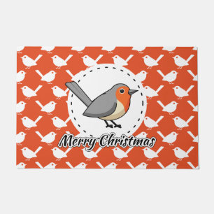 Robin on Orange White Bird Pattern - Merry Xmas Doormat