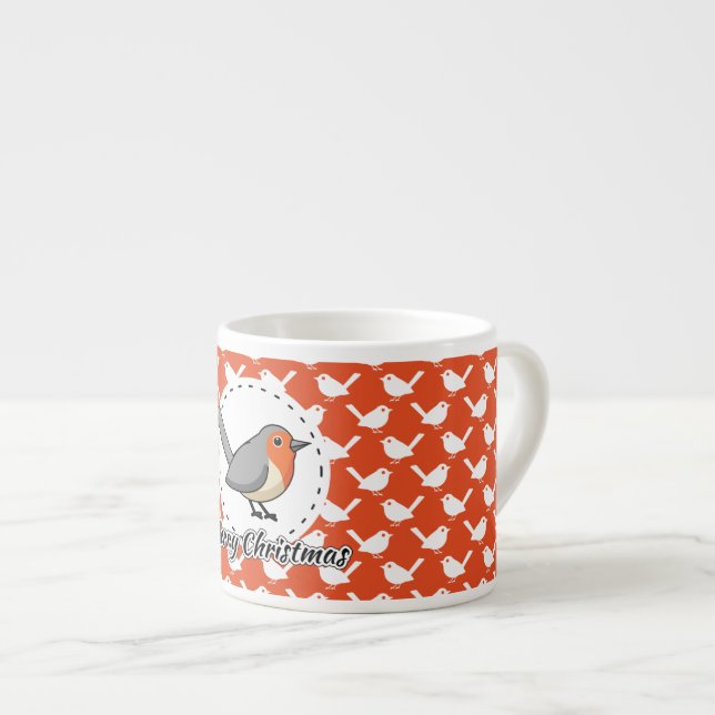 Robin on Orange White Bird Pattern - Merry Xmas Espresso Cup (Front Right)