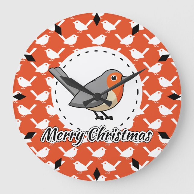 Robin on Orange White Bird Pattern - Merry Xmas Large Clock (Front)