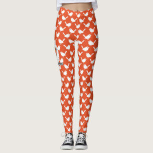 Robin on Orange White Bird Pattern - Merry Xmas Leggings