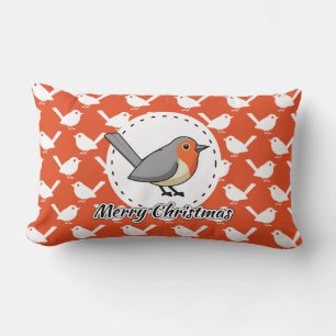 Robin on Orange White Bird Pattern - Merry Xmas Lumbar Cushion