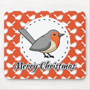 Robin on Orange White Bird Pattern - Merry Xmas Mouse Pad