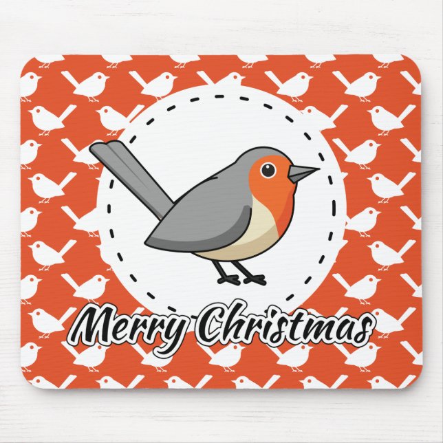 Robin on Orange White Bird Pattern - Merry Xmas Mouse Pad (Front)