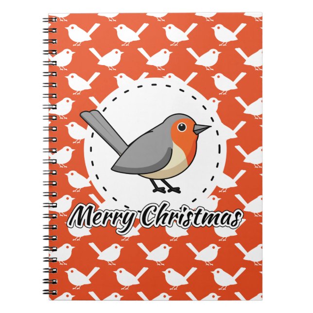 Robin on Orange White Bird Pattern - Merry Xmas Notebook (Front)