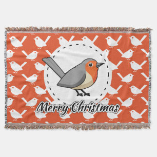 Robin on Orange White Bird Pattern - Merry Xmas Throw Blanket