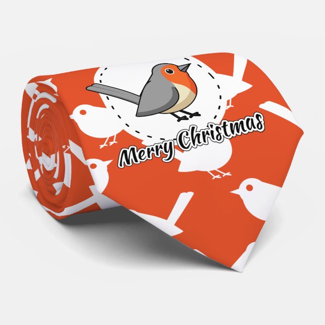 Robin on Orange White Bird Pattern - Merry Xmas Tie (Rolled)