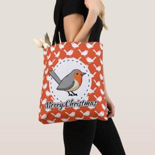 Robin on Orange White Bird Pattern - Merry Xmas Tote Bag