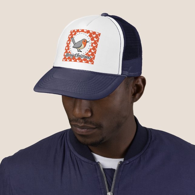 Robin on Orange White Bird Pattern - Merry Xmas Trucker Hat (In Situ)