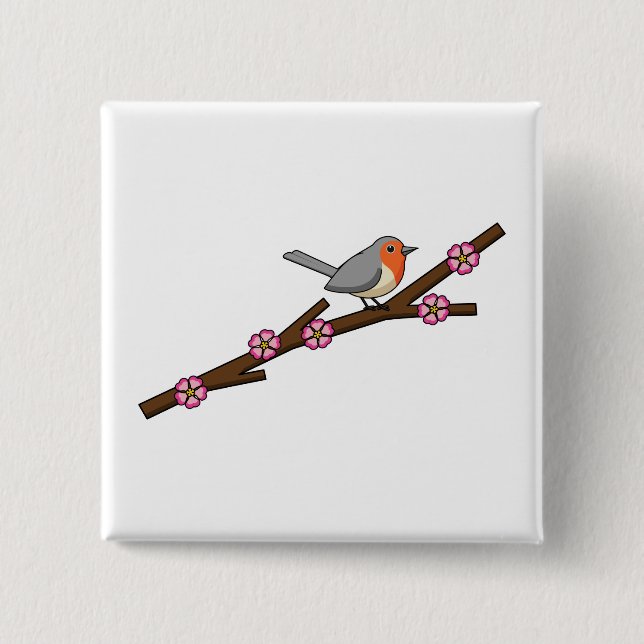 Robin on Sakura 15 Cm Square Badge (Front)