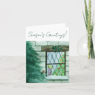 Robin Outside Of A Festive Window Christmas Card