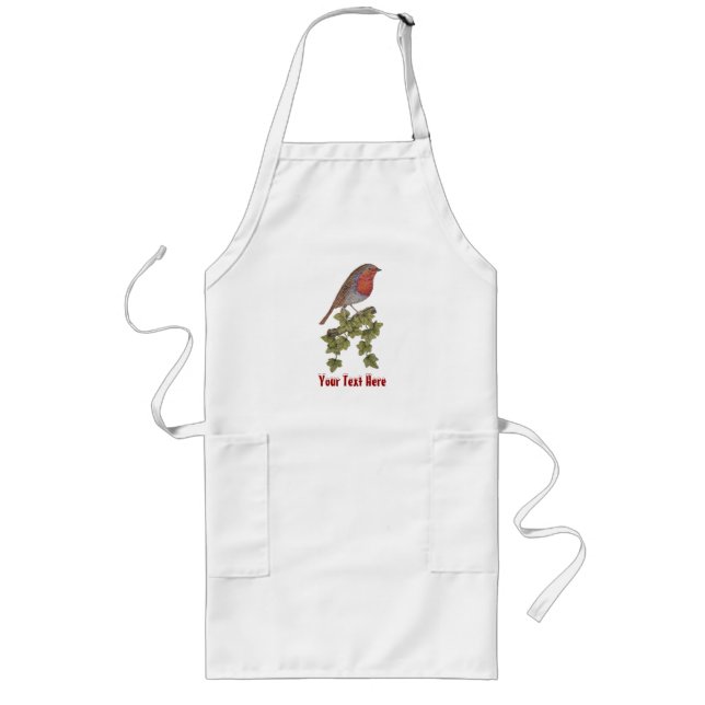 Robin perched on ivy leaf wild bird long apron (Front)